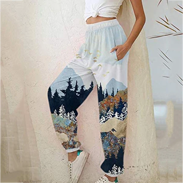 

2021 Women's Casual Loose Lounge Pants Scenery Printing Cotton Breathable for Autumn Every Day N66