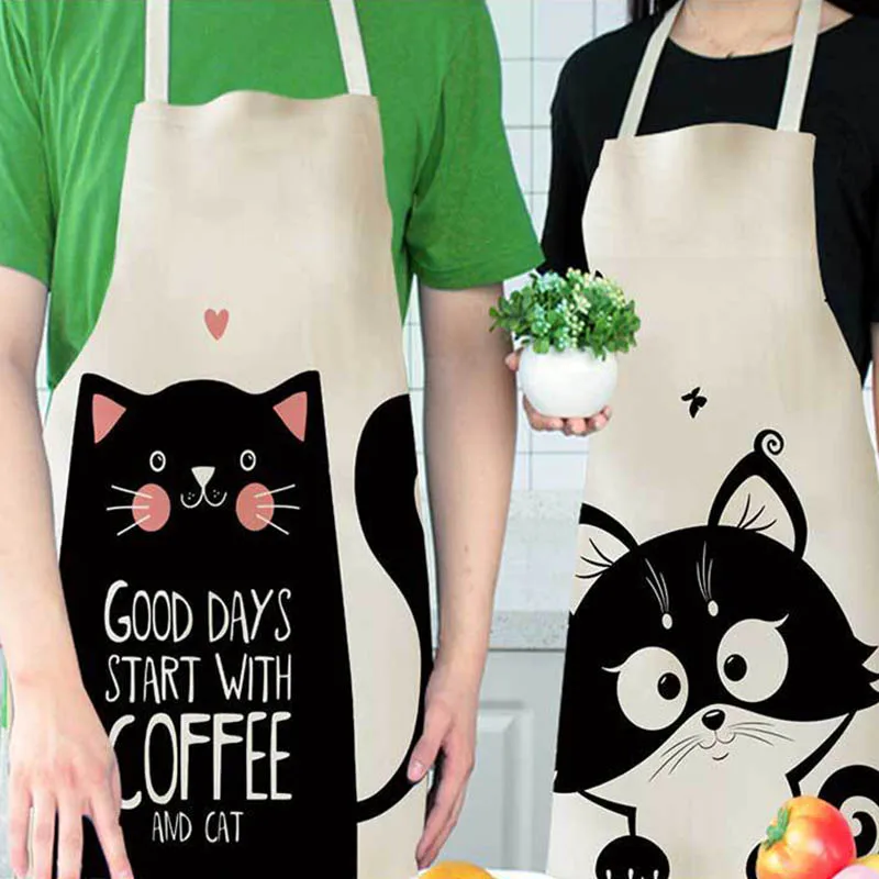 

1Pcs Halter Design European Style Aprons Waterproof for Housework Anti-fouling Kitchen Supplies Cartoon Cat Cotton Linen
