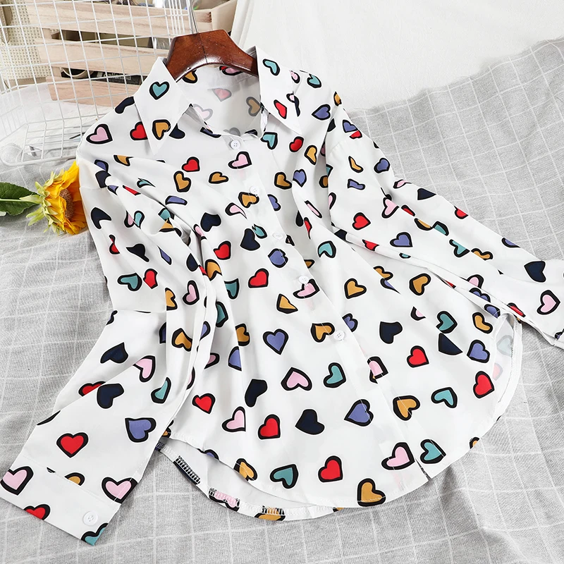 

Kimutomo Casual Heart Print Blouse Ladies Turn-down Collar Long Sleeve Single Breasted Shirt Outwear New Fashion Spring 2021