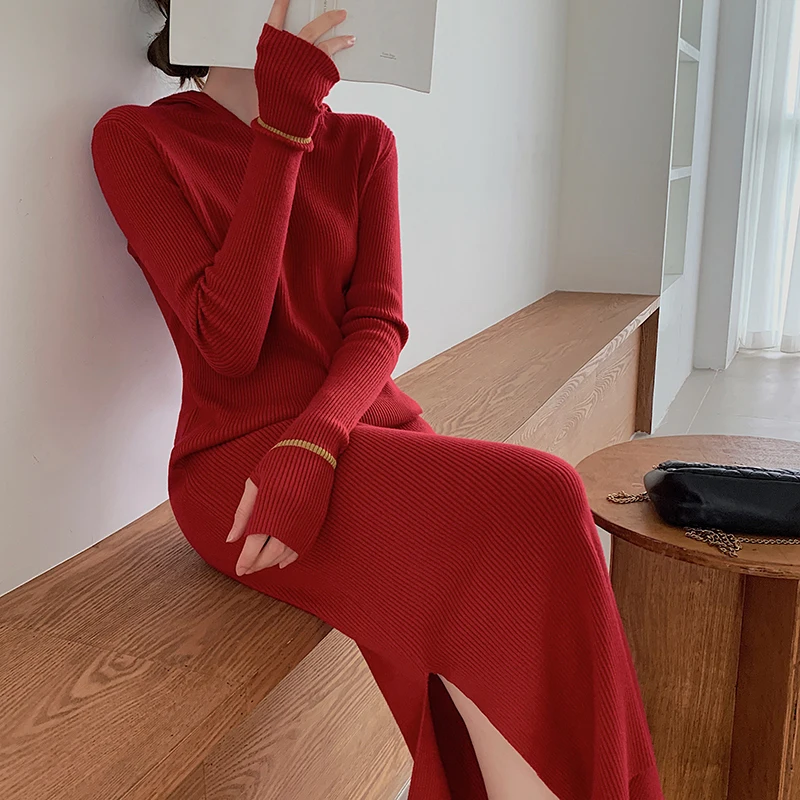 

2021 New Autumn Hooded Knitted Dress Korean Side Split Female Casual Pullovers Ladies Stretched Sweater One-piece Dresses Korean