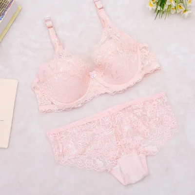 Pink with pad Сексуальное нижнее белье, комплект с бюстгальтером, женское нижнее белье, бюстгальтер пуш-ап, сетчатый бюстгальтер без косточек, эротическое белье, ультратонкий Винтажный кружевной комплект нижнего белья - Цвет: Pink with pad