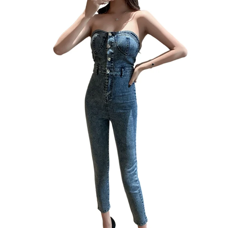 

Fashion Off Shoulder High Waist Jeans Rompers DE Sexy Women Denim Overalls Korean Black Slim Pencil Ankle-Length Jumpsuits