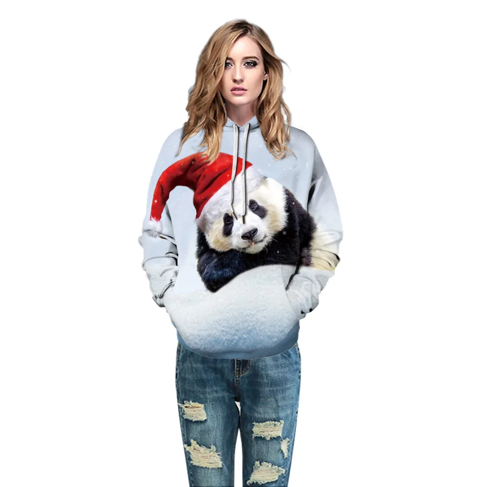 

Christmas Couples Spring Autumn Hooded Panda Digital Printing Long Sleeve Sweatshirt Casual Loose Pullover Baseball Uniform
