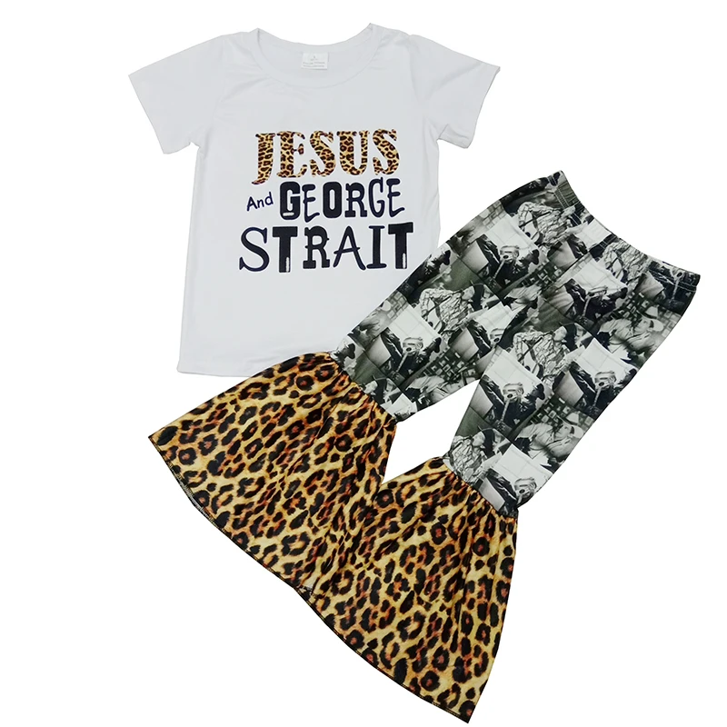 

Sumemr children girls clothing fashion Jusus grorge starit kids casual 2 pcs top leopard pants baby boutique outfit