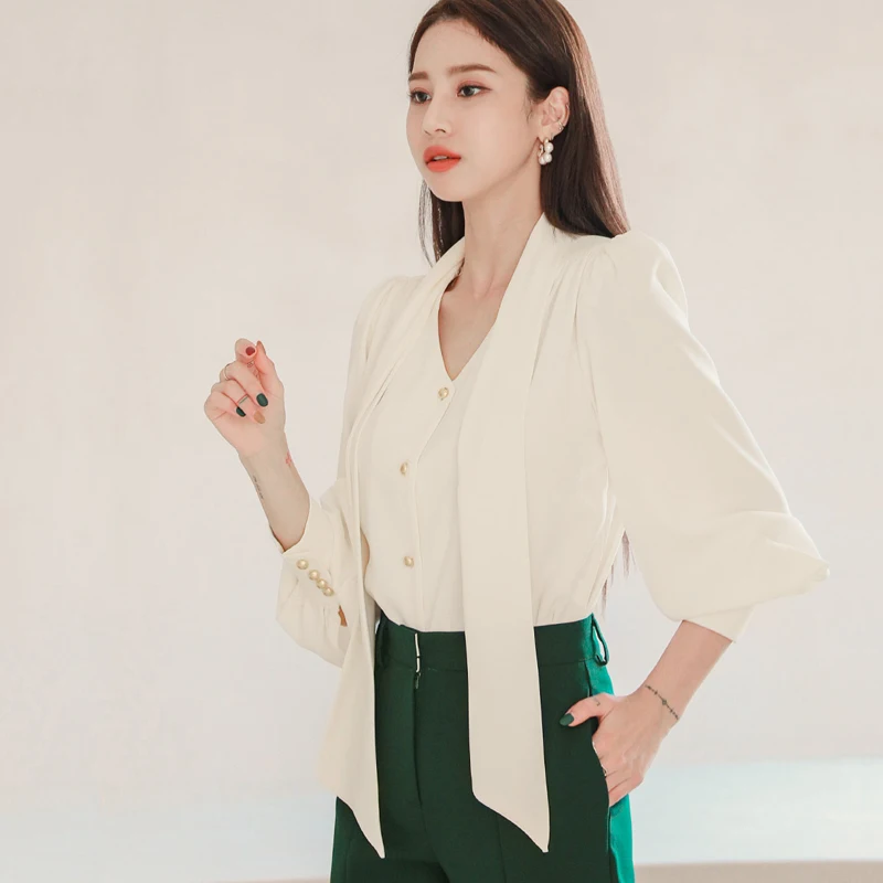 

autumn spring women bow tie shirts office lady korean fashion clothing women beige shirt