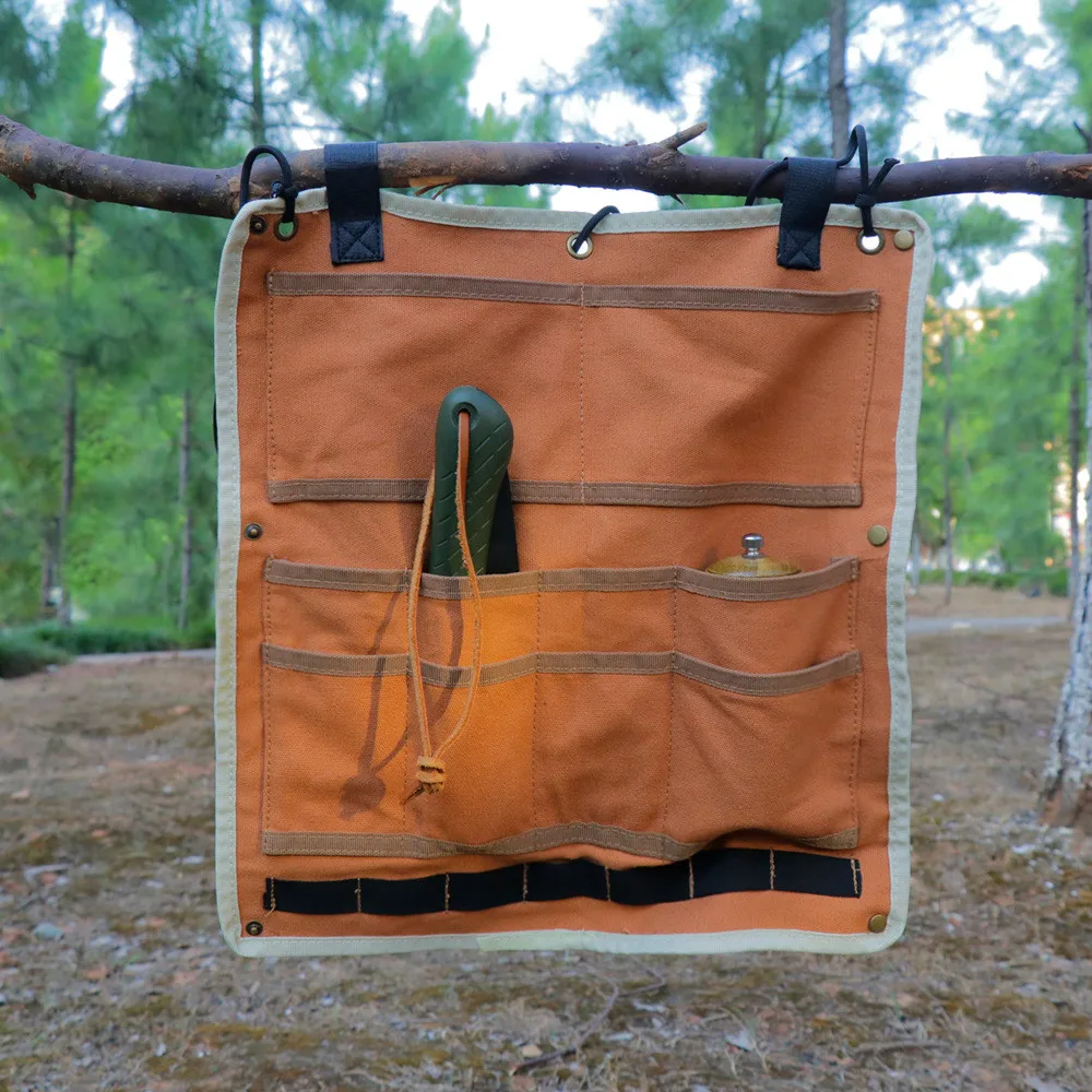 

Outdoor Canvas Storage Bag Multi-Pocket Large Capacity Paste Foldable Camping Hiking Picnic Cookware Tableware Tool Hanging Bag