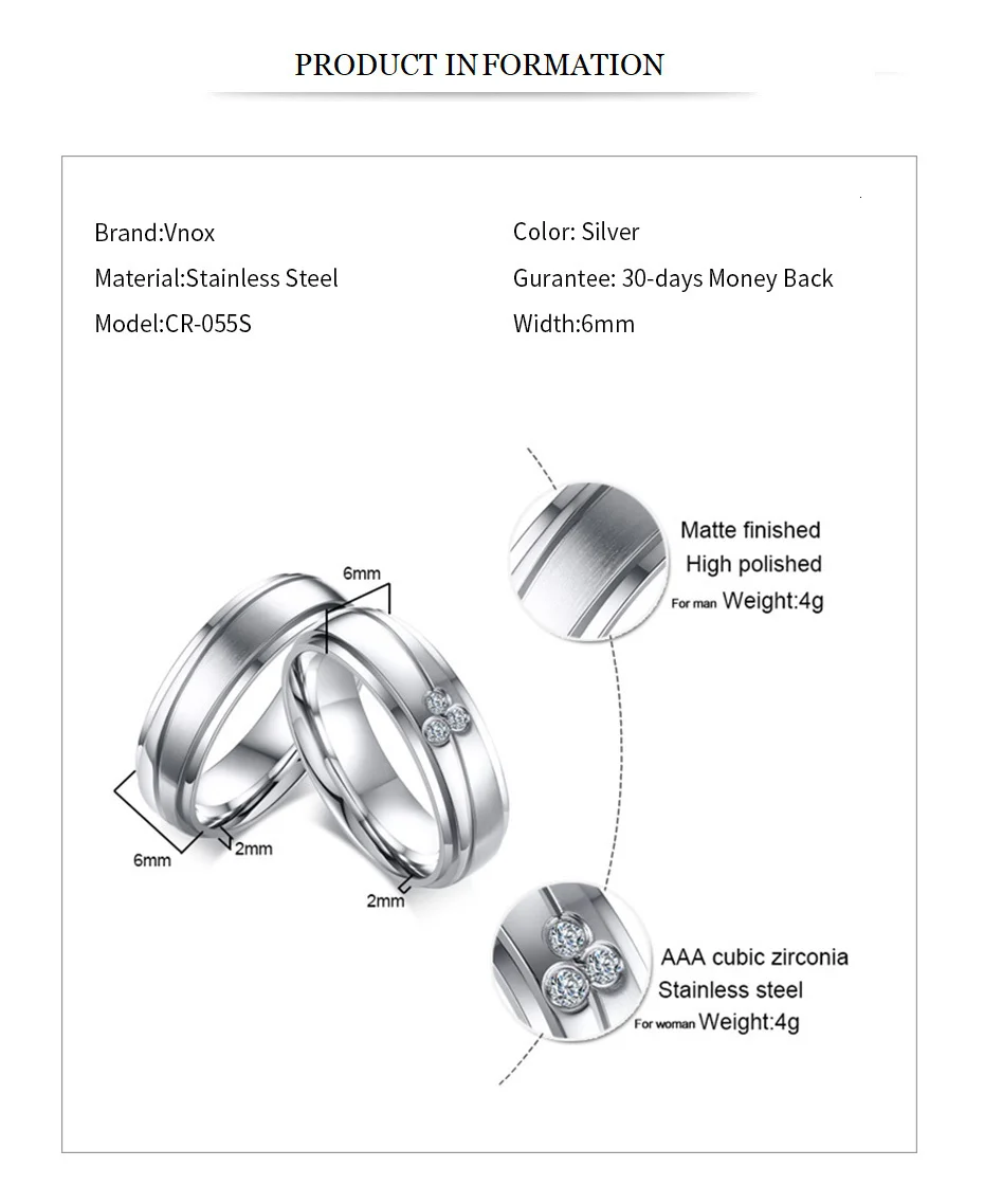 Vnox Elegant Couple Rings For Women Men Stainless Steel Wedding Bands AAA CZ Stones Trendy Anel Alliance Gift