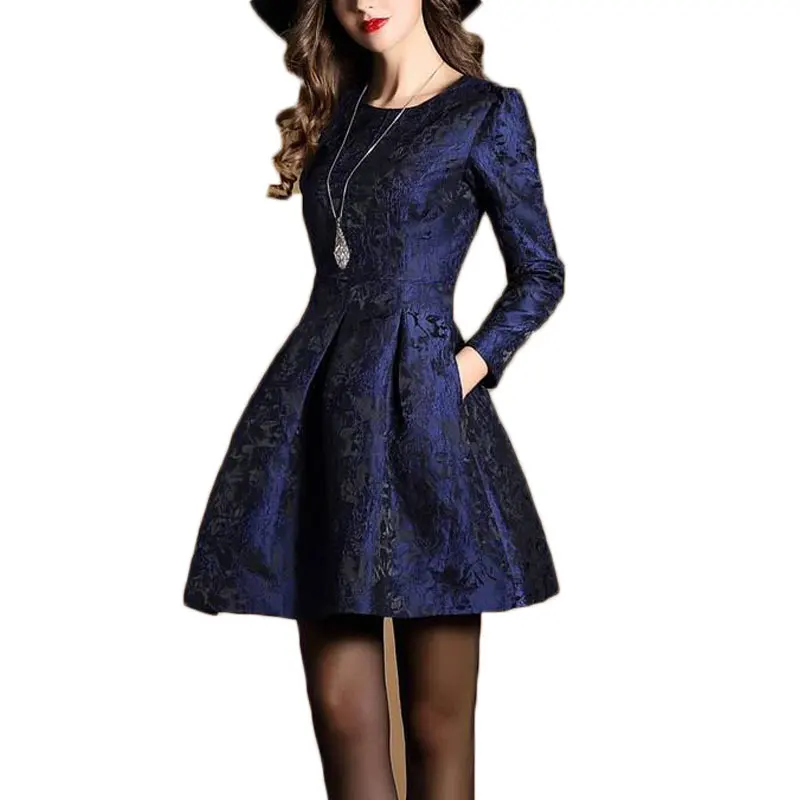 Женское жаккардовое платье с круглым вырезом длинным рукавом | Женская одежда