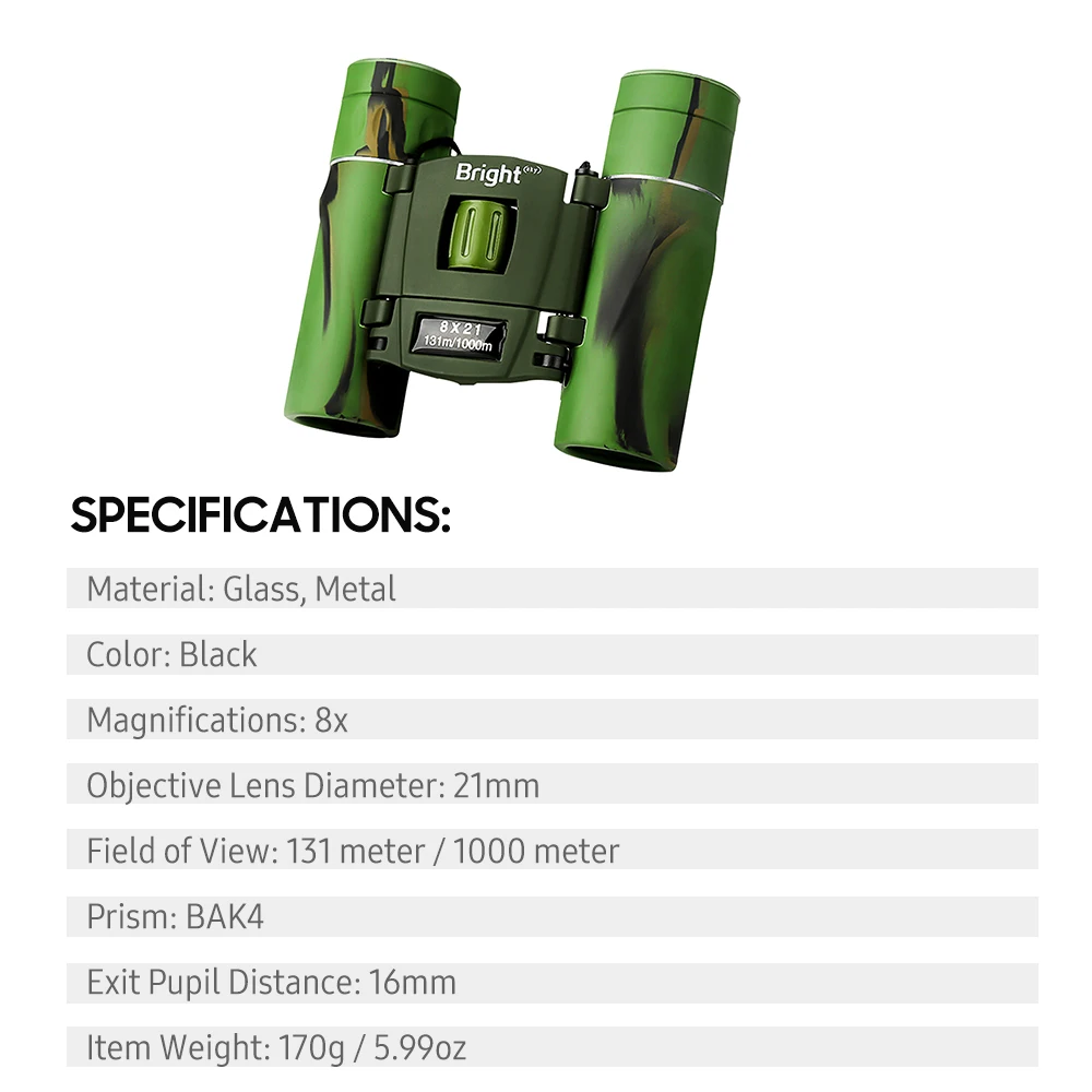 

821 Compact HD Zoom Binoculars Long Distance BAK4 Prism Binocular Telescope with Diopter Ring for Bird Watching Hunting Concert