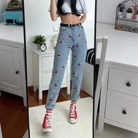 new spring high street women jeans fashion embroidered cherry denim pants y2k vintage high waist casual straight leg trousers