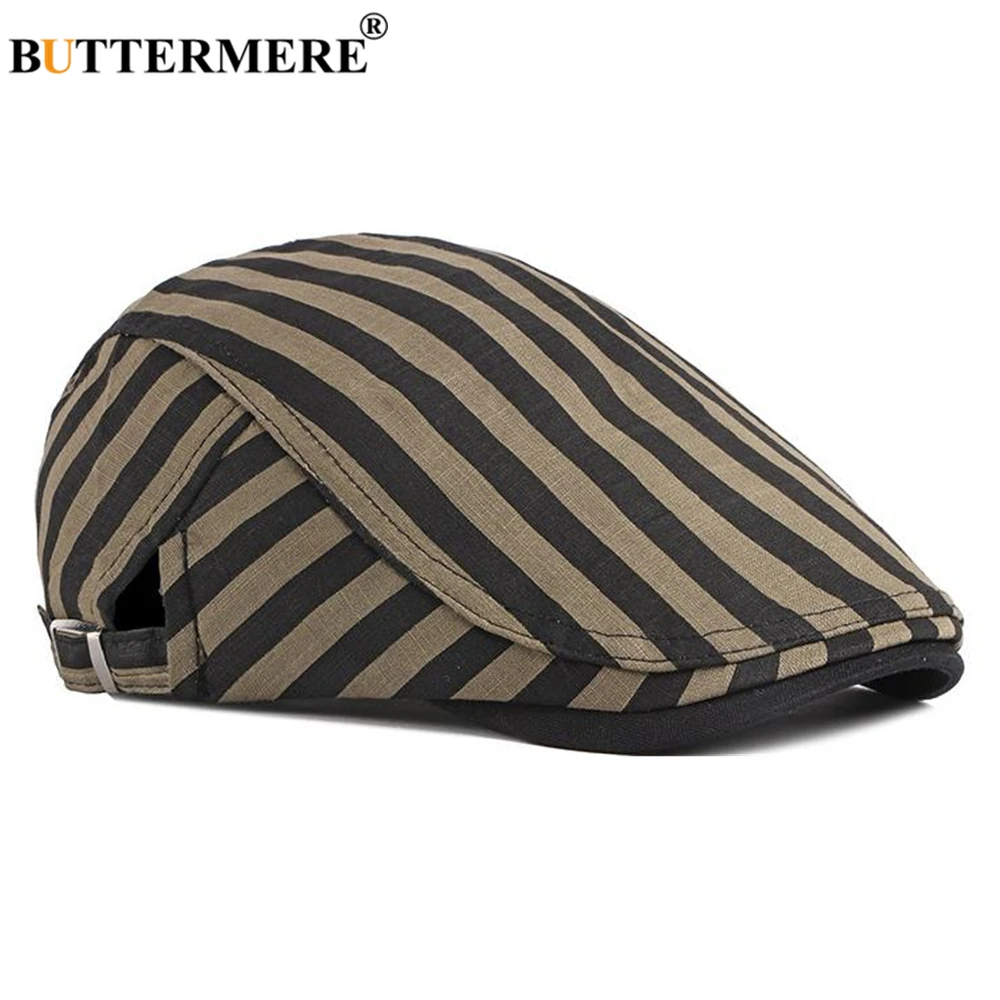 BUTTERMERE 100% Cotton Black White Striped Mens Berets Cabbie Vintage Flat Caps for Men Spring Summer Artist Hat