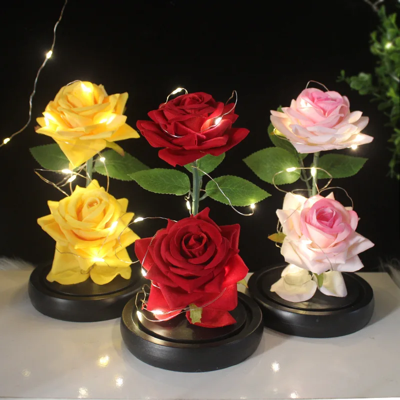 

New Christmas Decorations Two Imitation Real Velvet Roses Valentine's Day Hot Sale Gift LED Light Glass Cover