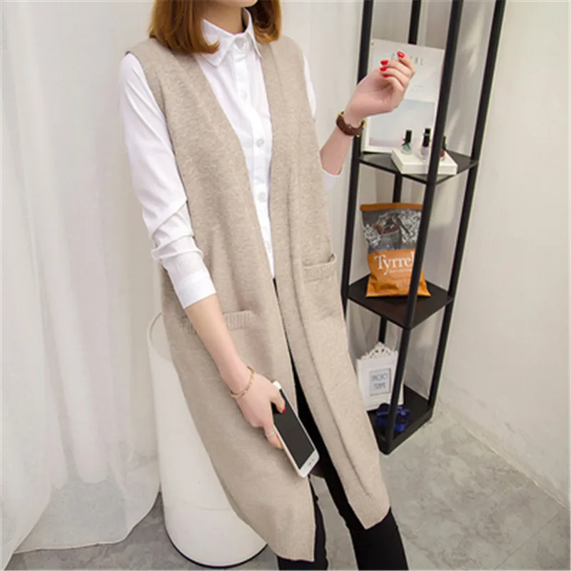 

Long Sweater Vest Women Knitting Cardigan Waistcoat Coat lady 2020 New Autumn winter Korean Loose Gilet solid Sleeveless Jackets