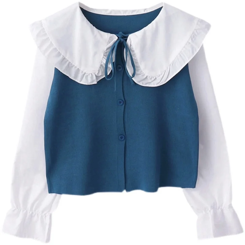 

2022 Korean Elegant Fashion Women Blouse Lace Up Button Down Long Sleeve Knitted Crop Top Peter Pan Collar Cute Doll Shirt Black