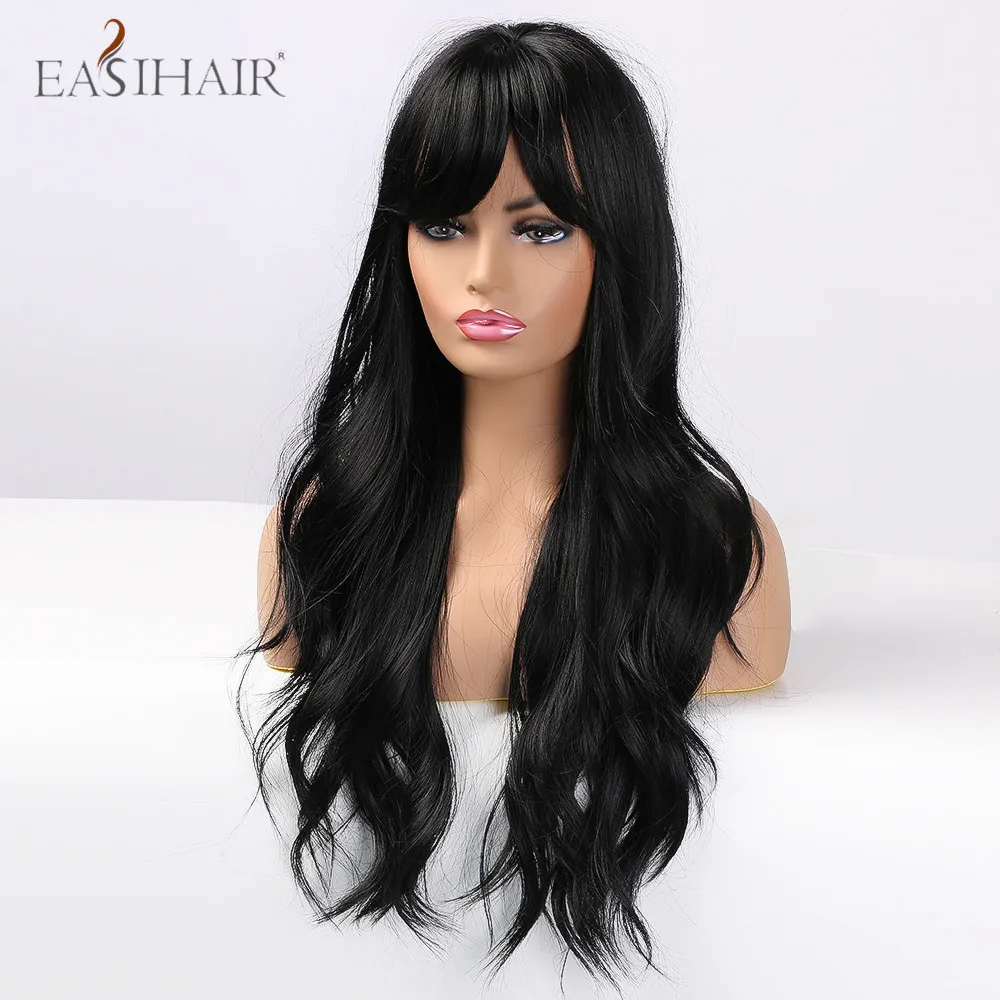 EASIHAIR Long Black Body Wave Synthetic Wigs with Full Bangs - Ideal for Cosplay, White/Black Women - Brazilian American Natural Hair image 5
