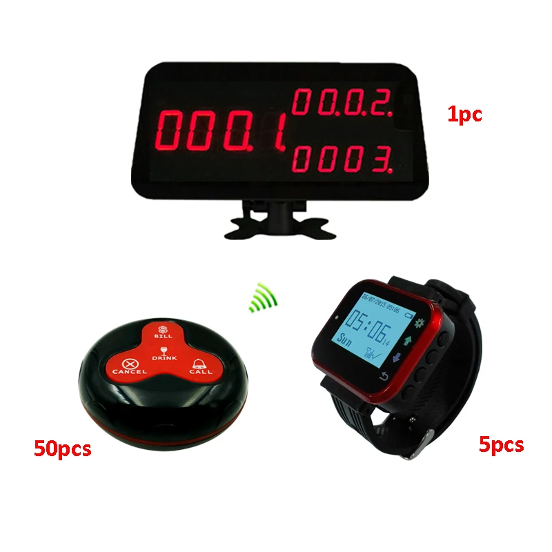 

Ycall Wireless Restaurant Waiter Paging System 1 Host Display Receiver 5 Watch Wrist 50pcs Call Bell 4-Key