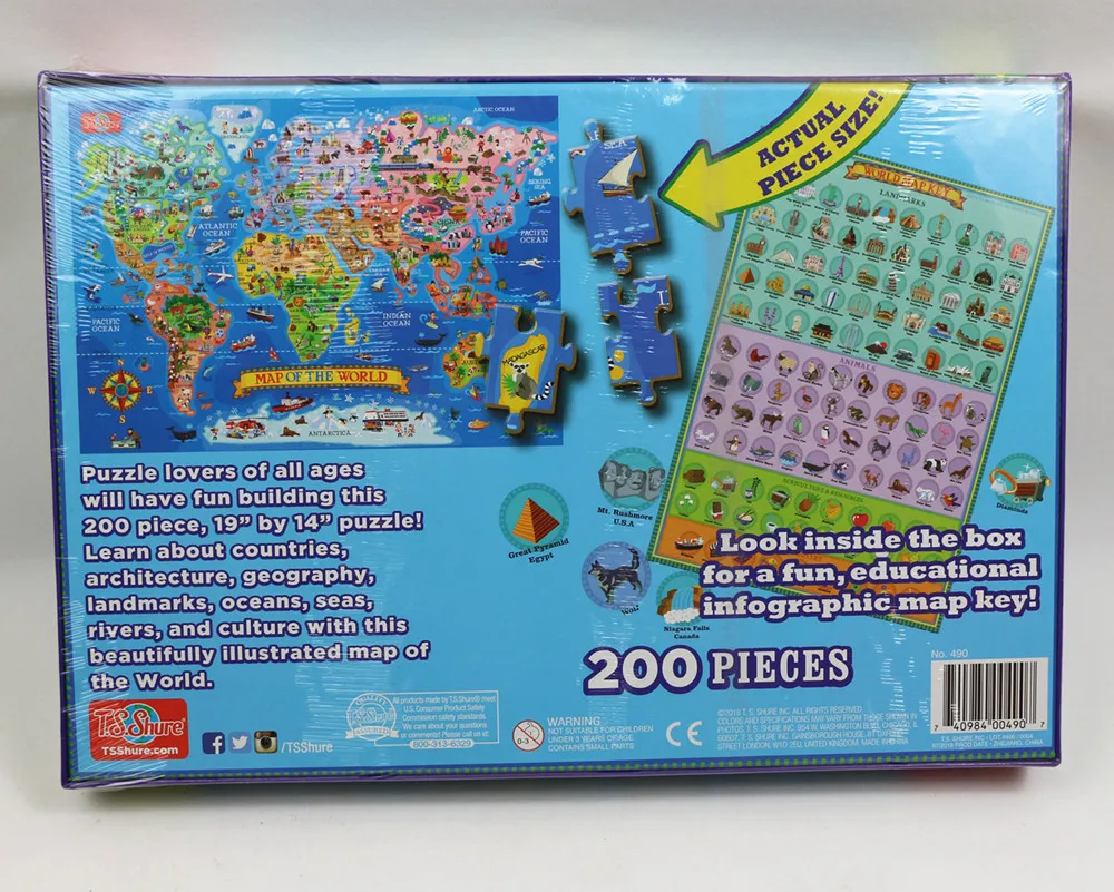 

Puzzle 200 Pieces of World Map United States Map Relief Animal Scenery Children's Educational Toys