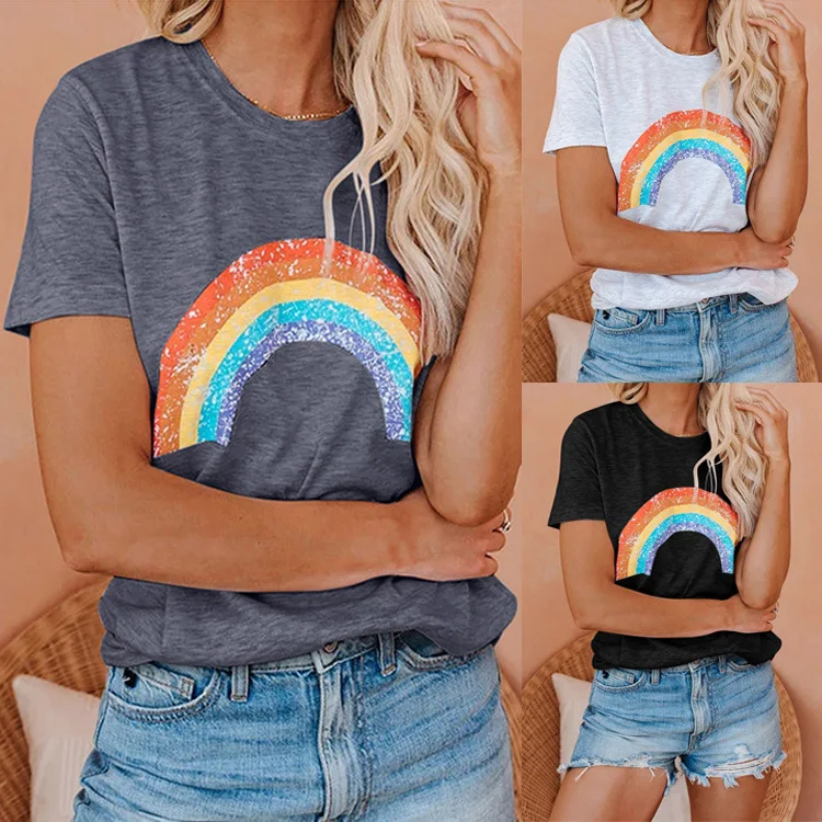 

Short-sleeved T-shirt Women 2021 Summer Women's Top Casual O-neck Pullover T-shirt Slim Slimming Rainbow Print Women's Top XXXXL
