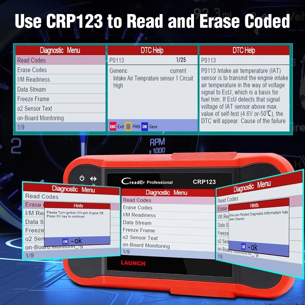 LAUNCH X431 CRP123 OBD2 EOBD Автомобильный сканер ABS подушка безопасности SRS Коробка передач