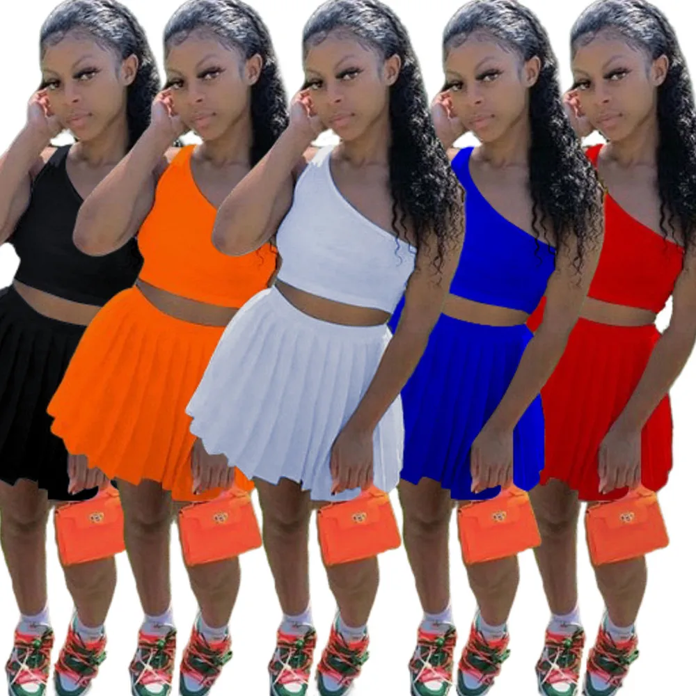 

School Student Summer Outfits One Shoulder Sleeveless Crop Top and Pleated Mini Skirts for Women Young Style 2 Piece Skirt Set
