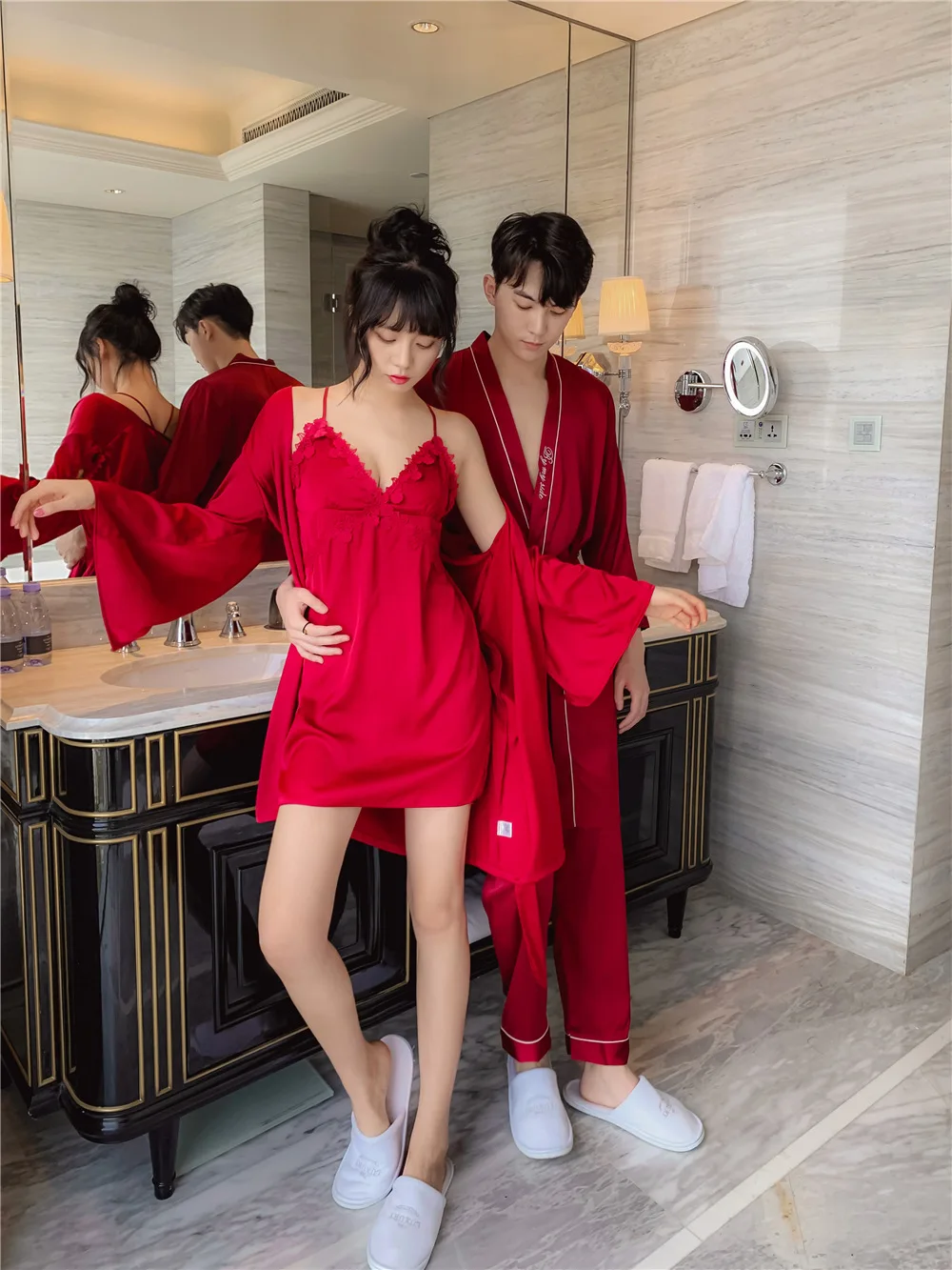 

2020 Summer Man Pajama Pyjamas Nightie Sleepwear Couples Pajama Sexy Lace Silk Fabric Women Night Skirt