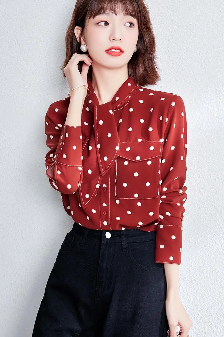 

Houthion Chiffon Shirt Women's Blouses Long Sleeve Top New Casual Blouse Bow Tie Dot Pockets Tops Spring/autumn Fashion