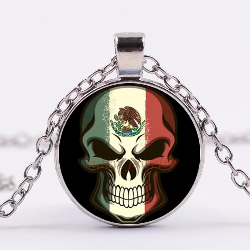 Vintage Skeleton Pendant Necklace Mexican Flag Creative Printed Glass Cabochon Handmade Day of the Dead Jewelry | Украшения и