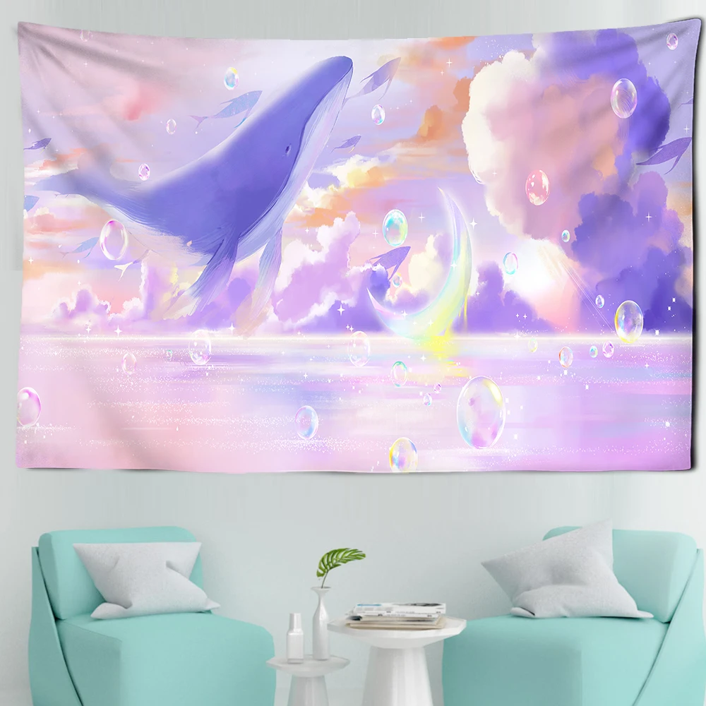 

Whale Tapestry Blue Sky Wall Hanging Home Pink Colour Starry Sky Dream Tapestry Kawaii Room Decor
