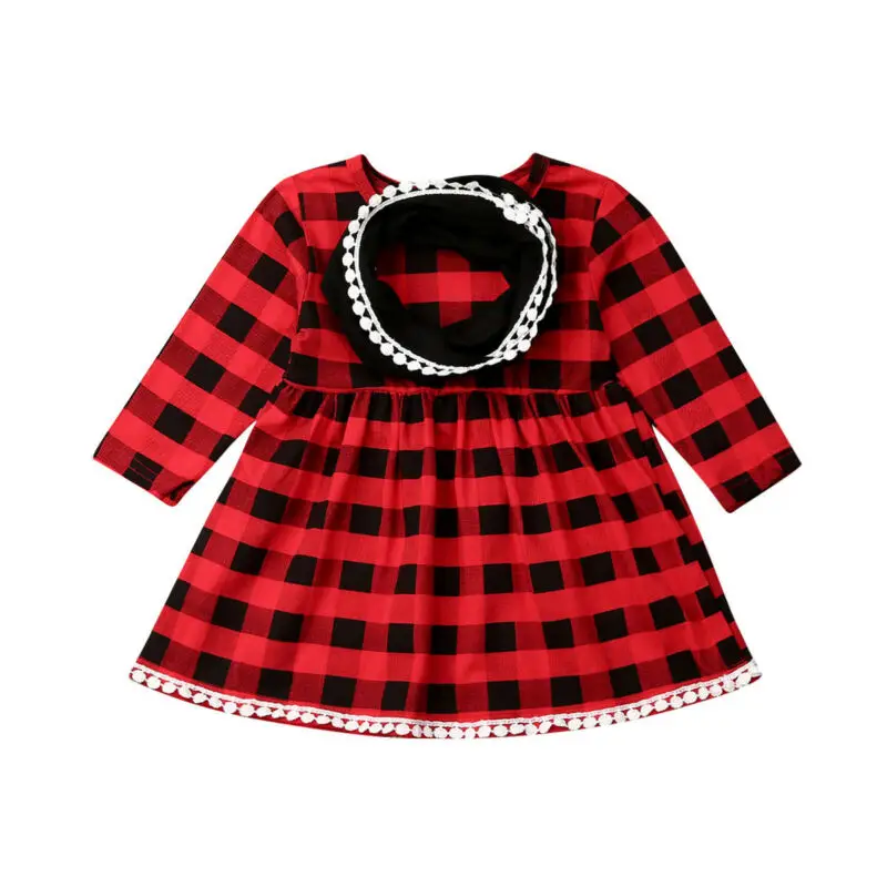 Xmas Dress Long Sleeve Plaids Kids Toddler Baby Girl Christmas Red Party Tutu Outfits + Scarf | Детская одежда и обувь