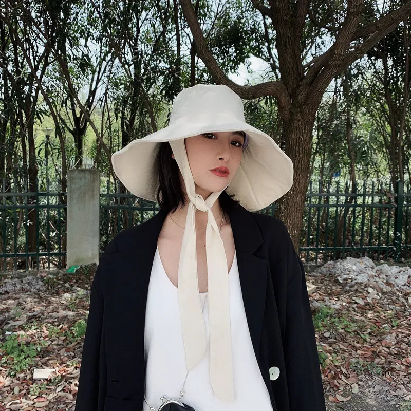 2021 New Summer Autumn Large Brim Fisherman Hat Women Cotton Linen Round Dome Bandage Bow Big Foldable Sun Hats Fishermen | Аксессуары