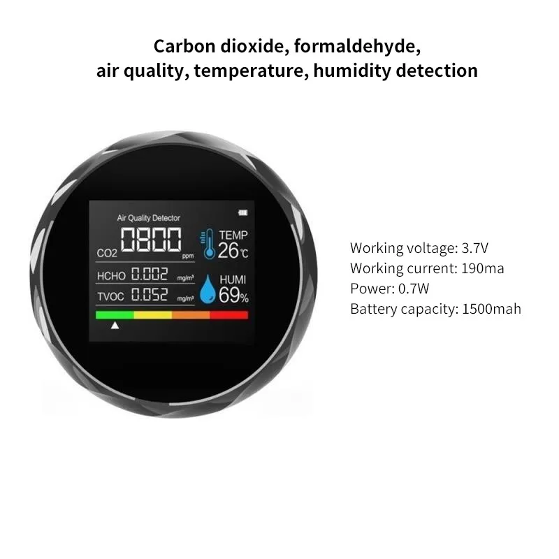 

Portable CO2 Meter Digital Temperature Humidity Sensor Tester Air Quality Monitor Carbon Dioxide TVOC Formaldehyde HCHO Detector