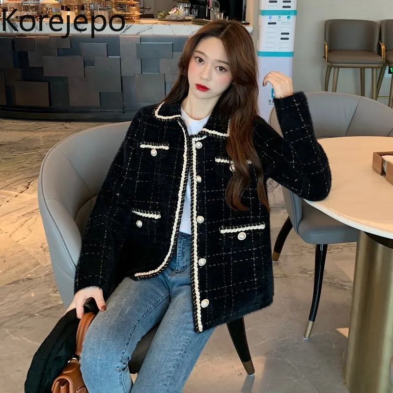 

Korejepo Women Jacket 2021 Autumn Winter New French Retro Elegant Gentle Plaid Turn-down Collar Single Long Sleeve Jacket Female