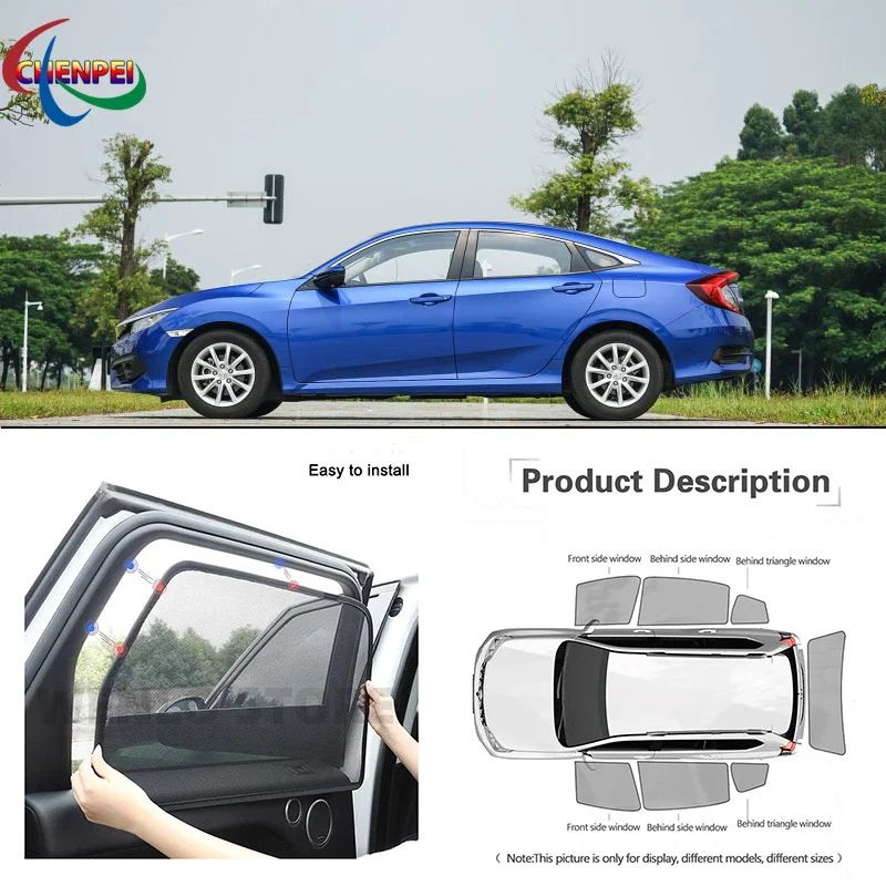 For Honda Civic 2015 Car Full Side Windows Magnetic Sun Shade UV Protection Ray Blocking Mesh Visor Car Decoration Accessories