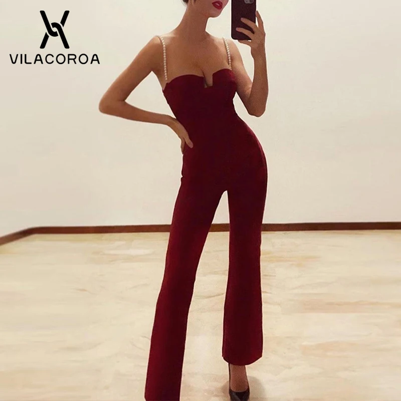 

Tube Top Sexy Pearl Sling Solid Color Jumpsuit Ribbon Lace-Up Bodycon Flared Trousers One-Piece Streetwear Elegant Bodycon Femme