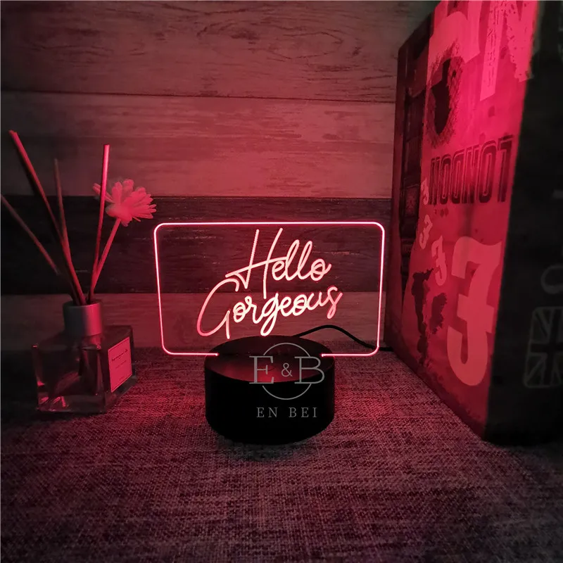

3D Festival USB Acrylic Night Light Hello Gorgeous LED Table Desk Bedroom Decor Desktop Lamps Gift Colorful Lamp Christmas
