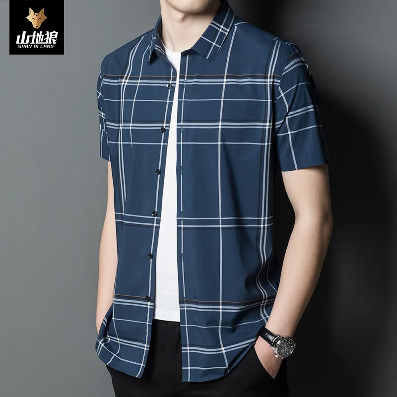 

Mountain Wolf men's summer new middle aged father's Short Sleeve Shirt Men's Plaid business casual shirt