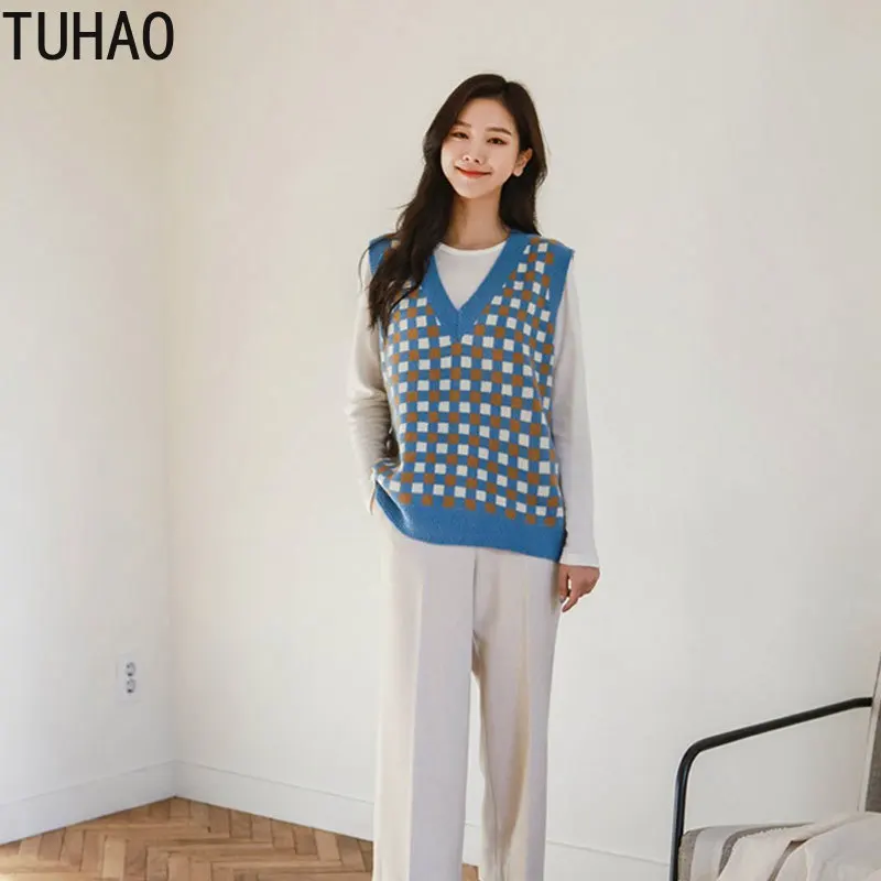 

TUHAO Woman Casual Sweater Vest Autumn Winter Women Vintage Knitted Vest Warm Vests Knitted Vest Femme Clothing WM64