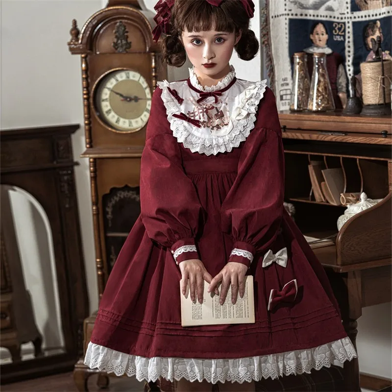 

Lolita Girls Long Sleeve OP Dress Sweet Women Lace Bows Sheep Print Teenage Girls Birthday Cosplay Tea Party Spring Autumn New