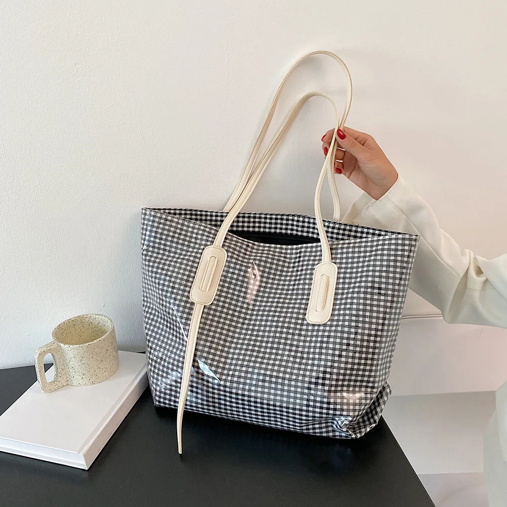 

Women Fashion Plaid Pattern Printing Patchwork Large Capacity Shoulder Bags Casual Canvas Tote Ladies Simple Shopping Handbags