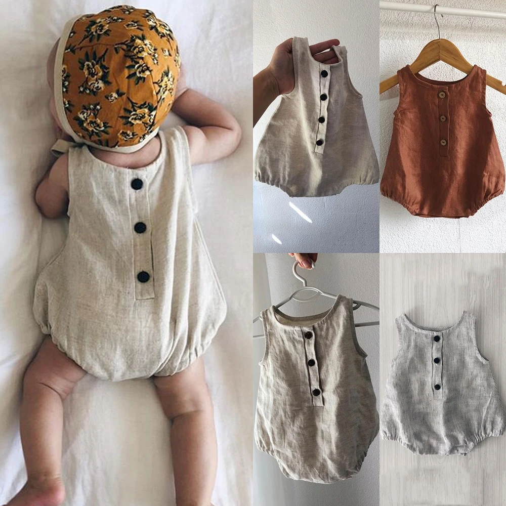 Newborn Baby Girl Boy Solid Cotton Linen Romper Jumpsuit Outfits Summer Sleeveless Clothes 0-18M