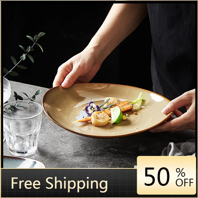 

Овальные винтажные обеденные тарелки, плоские синие керамические японские тарелки для пасты, тарелка для суши, фруктов, закусок, декор для е...