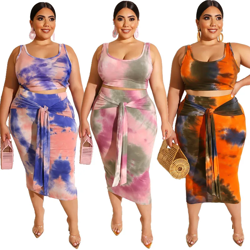 

KALENMOS Skirt and Top Set Women Tie Dye 2 Piece Sets Crop Tanks+midi Skirts Summer Clothes Women Ropa De Mujer Plus Size XL-5XL