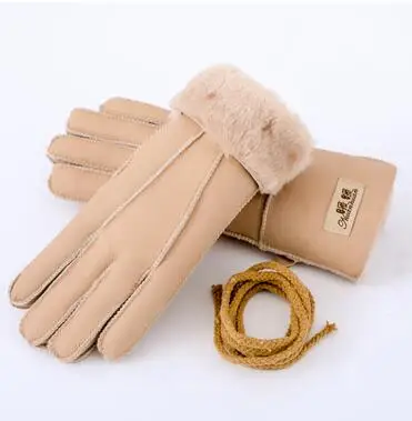 women beige Мужская осенне-зимняя утолщенная теплая цельная шерстяная меховая кожаная перчатка Мужская зимняя брендовая шерстяная меховая рукавица R2218 - Цвет: women beige