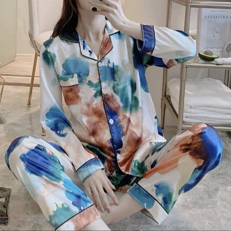 

Cotton Pajama Women Summer long-sleeved Trousers two-piece Suit women's Satin Loose Printed Home Wear Casual Fashion Pajamas