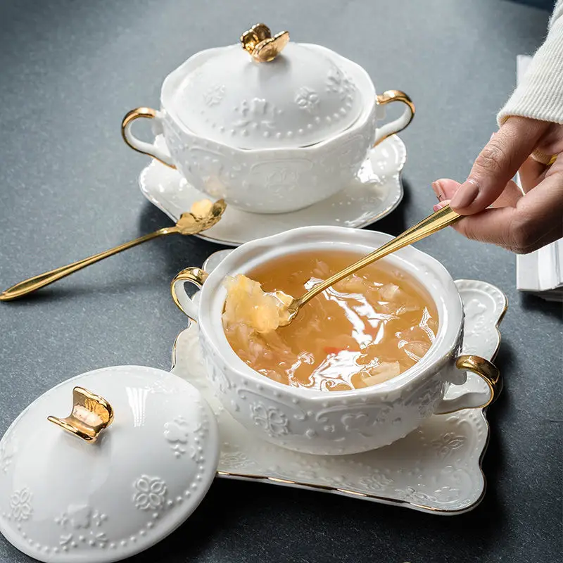 European-style Dessert Small Tableware Embossed Soup Cup with Lid Ceramic Bowl Stew Creative Household Health Dish Set | Дом и сад