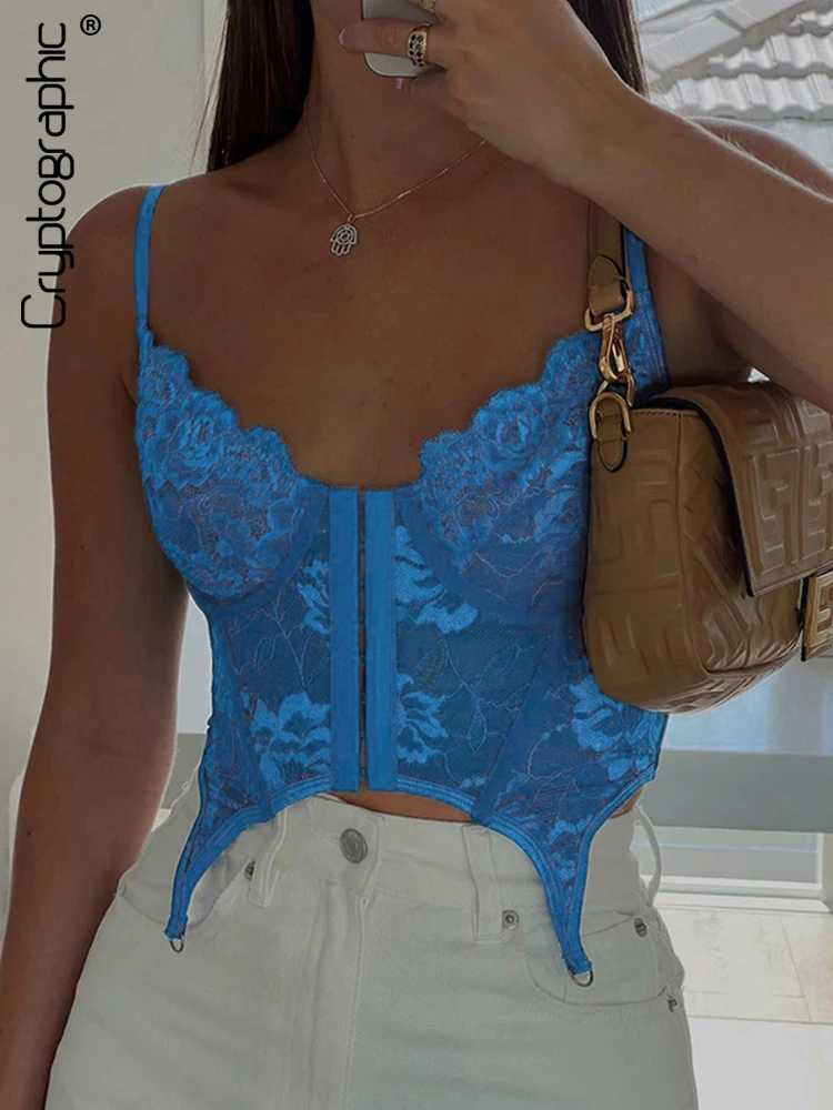 

Cryptographic Single-breasted Sleeveless Sheer Lace Corset Crop Top Women Summer 2022 Sexy Backless Camis Cropped Tops Clothes
