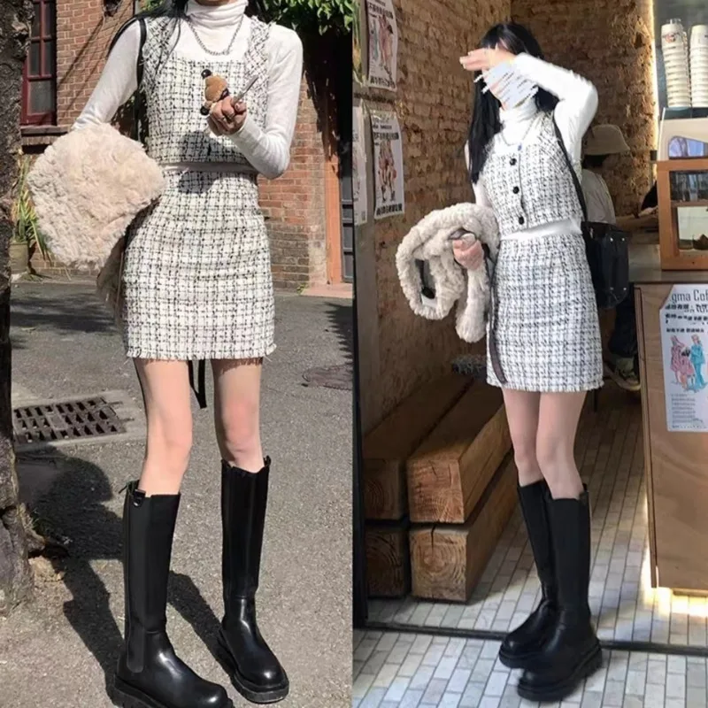

2021 New Autumn Women Fashion Elegant Style Vintage Sleeveless Single-breasted Vest Tweed High Waist Skirt Sweet Chic Suit