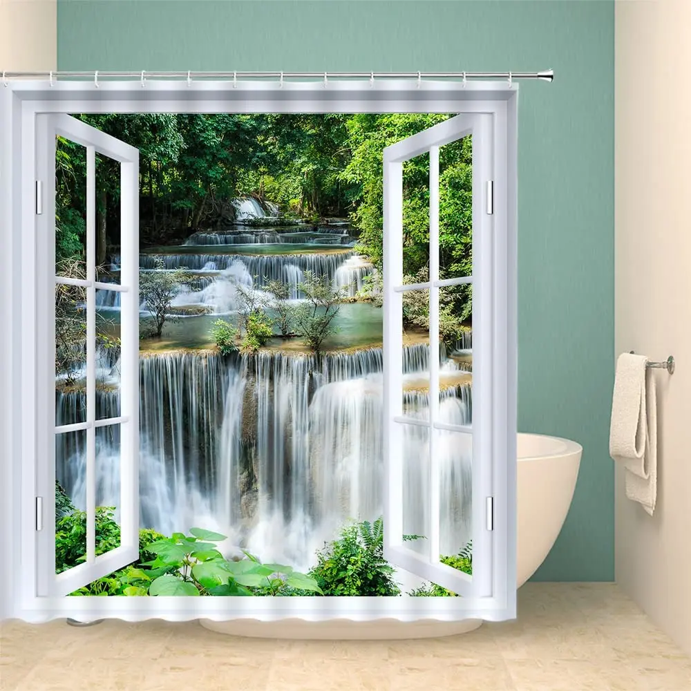 

Waterfall Shower Curtain Forest Nature Scenery Tree White Window Green Tropical Jungle Fabric Bathroom Curtains Decor with Hooks