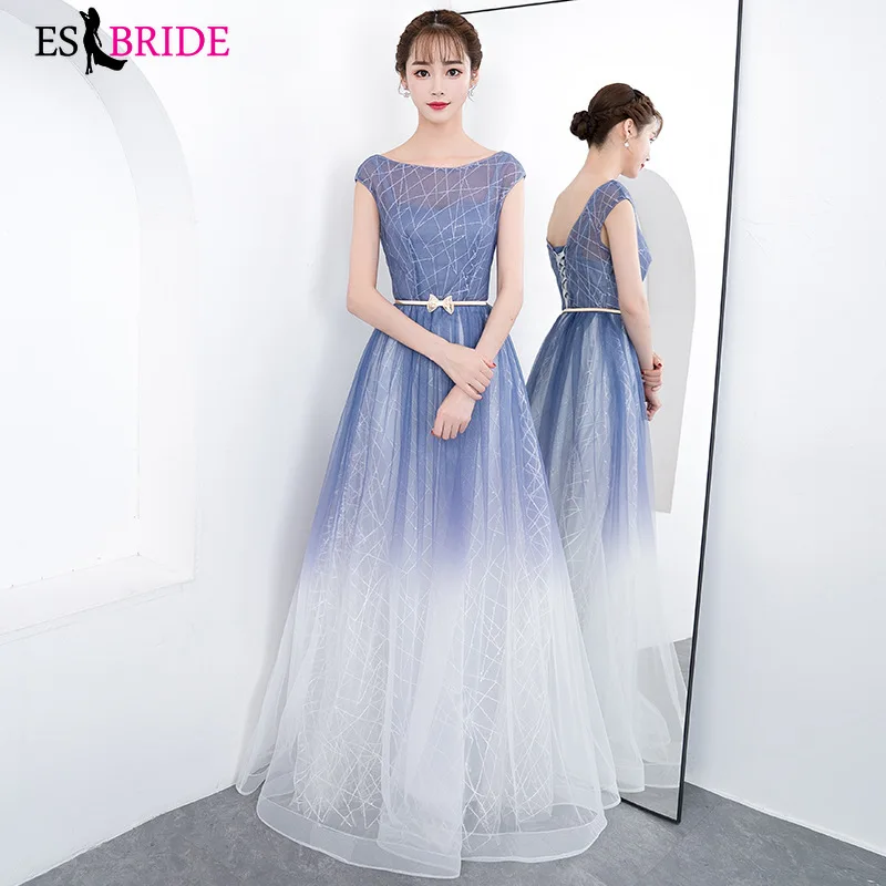 Формальные Вечерние платья ES2995 Элегантные Синие с круглым вырезом и короткими