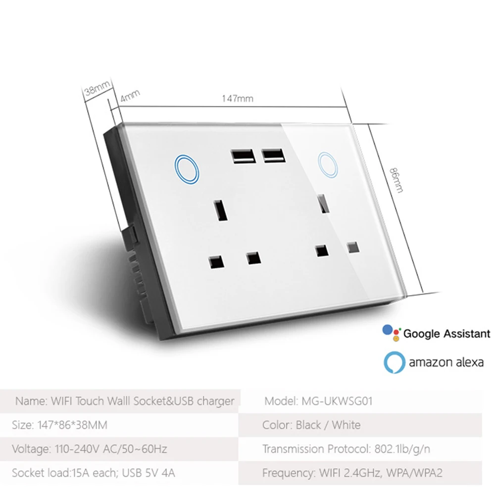 Wi-Fi умная USB настенная розетка Великобритания электрическая розетка 15A сенсорный выключатель питания беспроводной домашний комплект зарядка работа с Alexa Google Home